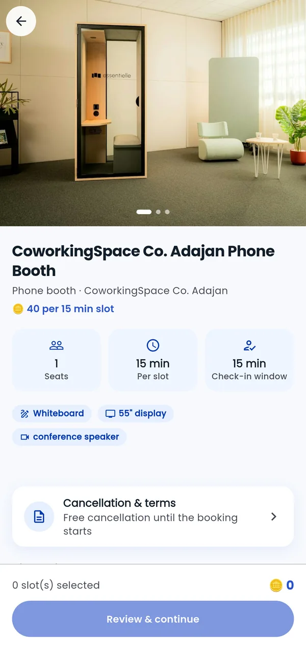 SpacePartner member app. Booking a phone booth: pick a date and slot