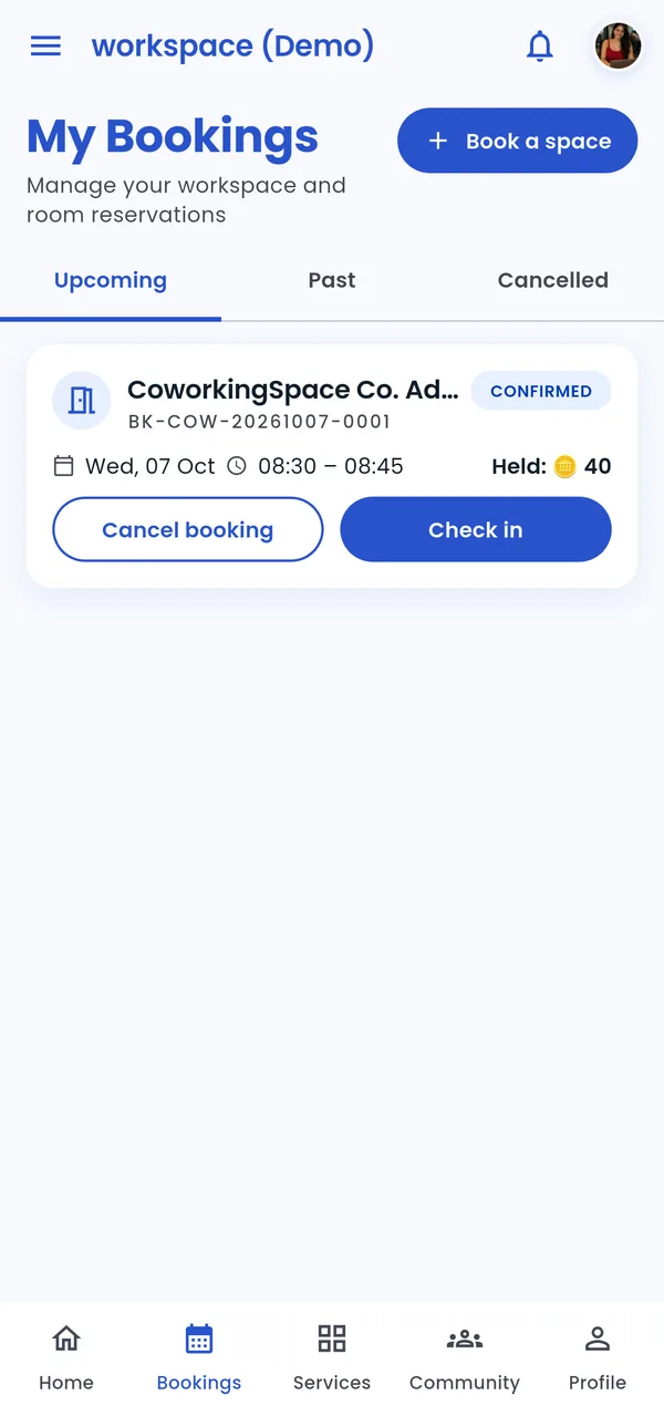 Member app My Bookings: a confirmed phone booth booking with Check in and Cancel