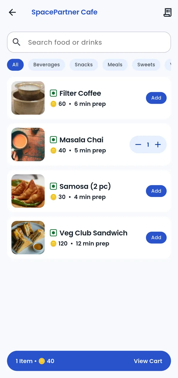 SpacePartner member app. Cafe menu with photos and prep times