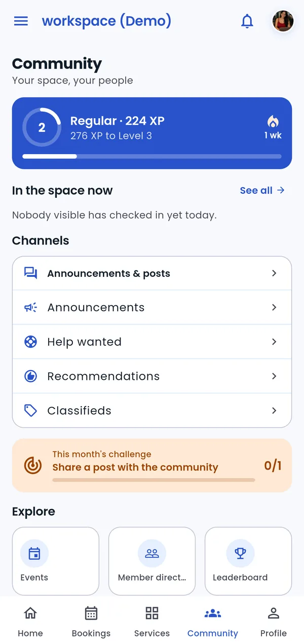 SpacePartner member app. Community: channels, challenges, events and leaderboard