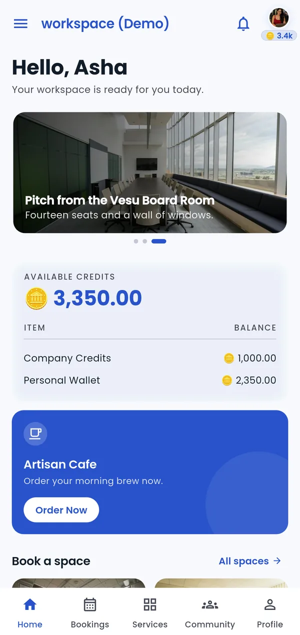 SpacePartner member app home screen with the credit balance, cafe and room booking