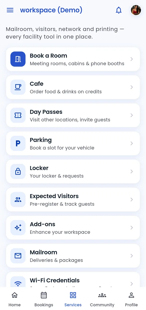 SpacePartner member app. Services: Wi-Fi, printers, parking, lockers, mailroom and more