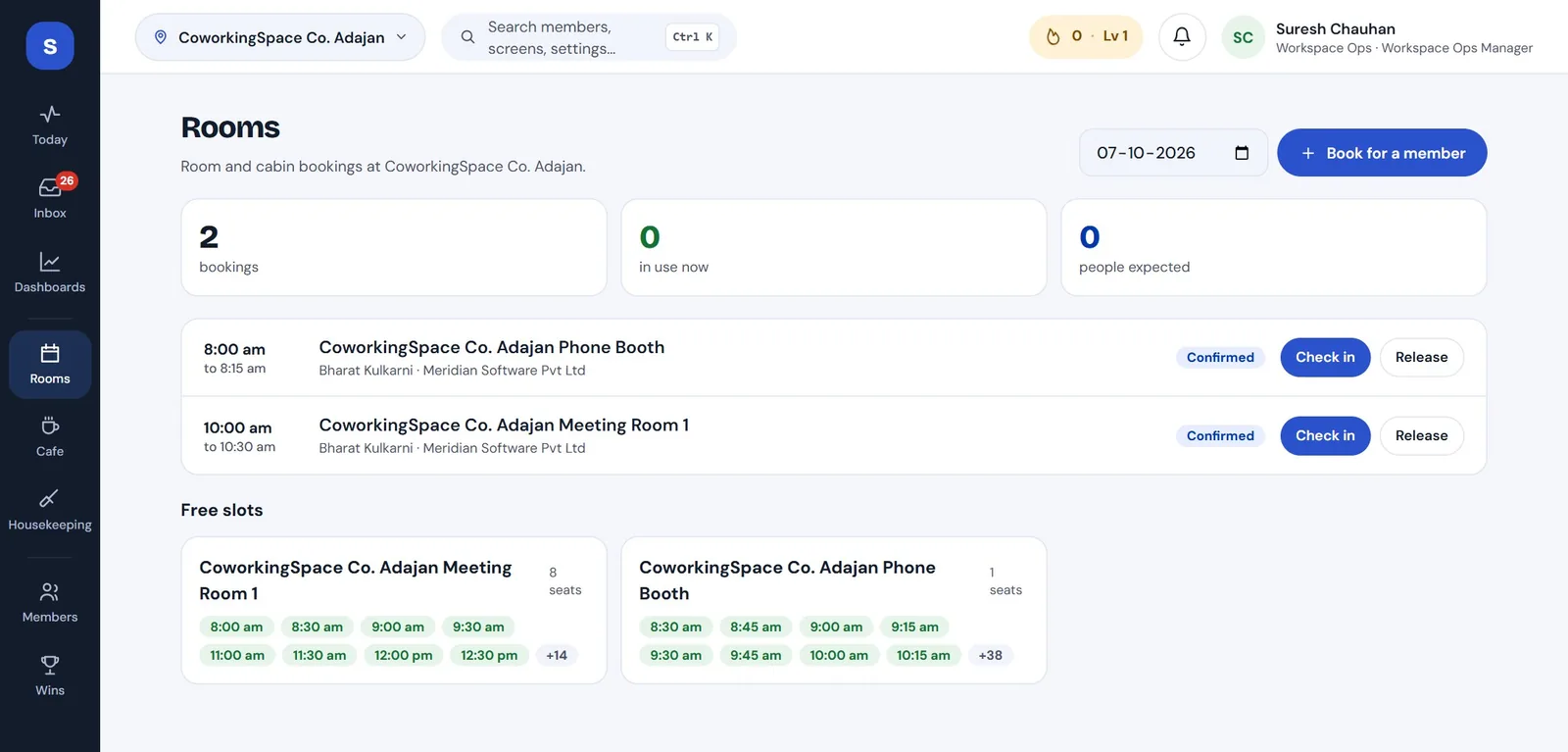 Staff web app Rooms screen: today's bookings with Check in and Release, and free slots per room