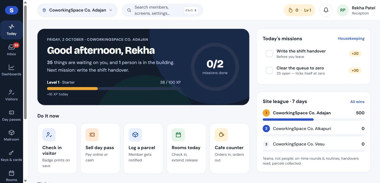 SpacePartner staff web app: the front desk's Today board with quick actions, missions and the site league